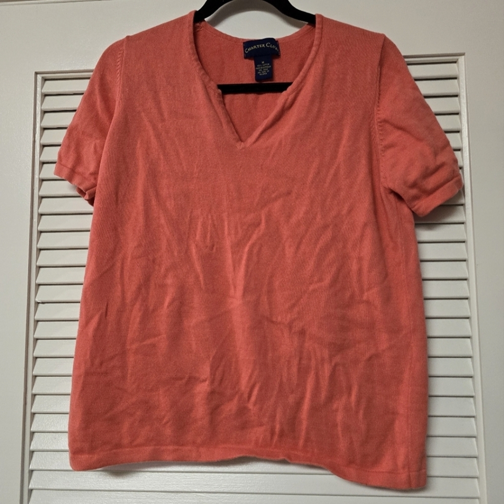 Charter Club - Coral 100% Cotton V-Neck Short-Sleeve Top